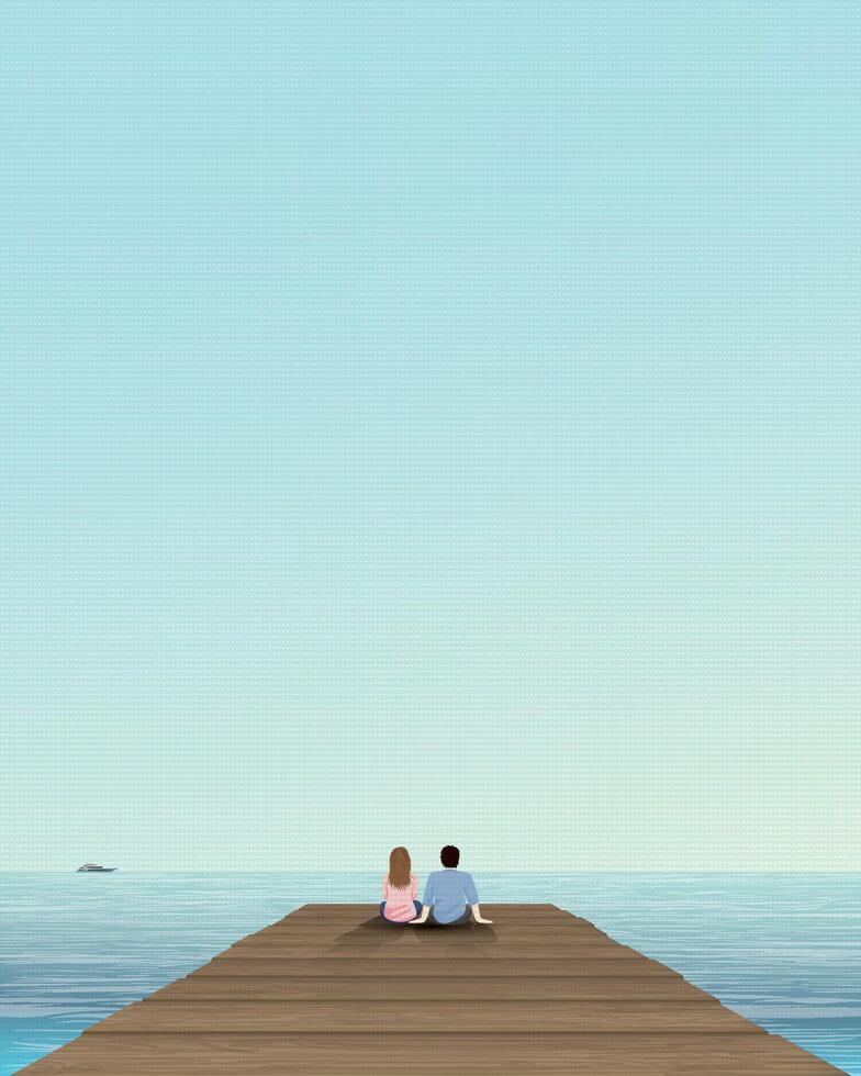 coppia di amante seduta su il molo avere tropicale blu mare e blu cielo sfondo vettore illustrazione. luna di miele concetto illustrare manifesto verticale forma avere vuoto spazio.