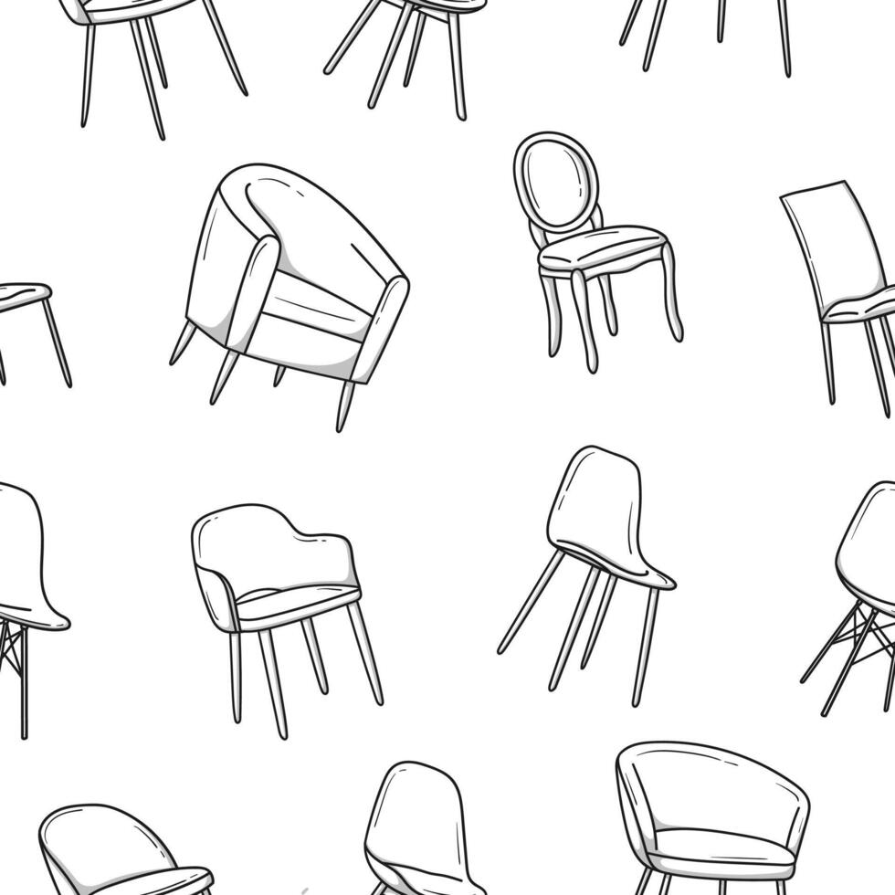 un' impostato di sedie e poltrone disegnato nel un' scarabocchio schizzo. vettore illustrazione.