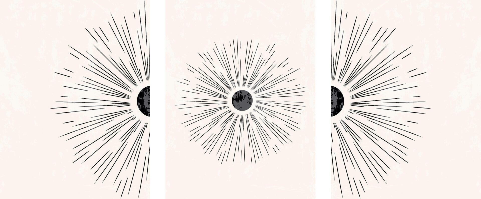 boemo lineare impostato manifesto sole Stampa boho minimalista stampabile parete arte stile geometrico astratto tramonto Alba Stampa arte opera vettore bandiera Vintage ▾ struttura nero colore