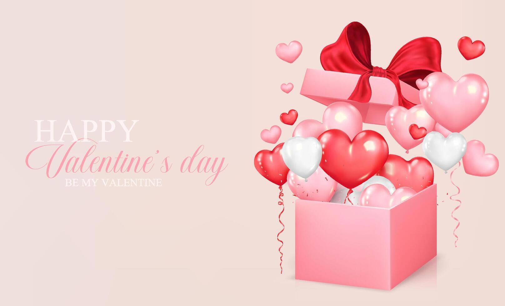 San Valentino giorno concetto con realistico cuore sagomato palloncini volante a partire dal un' rosa regalo scatola. ideale per coperchio, festa, manifesto, saluto carta, e promozione striscione. romantico design vettore illustrazione.