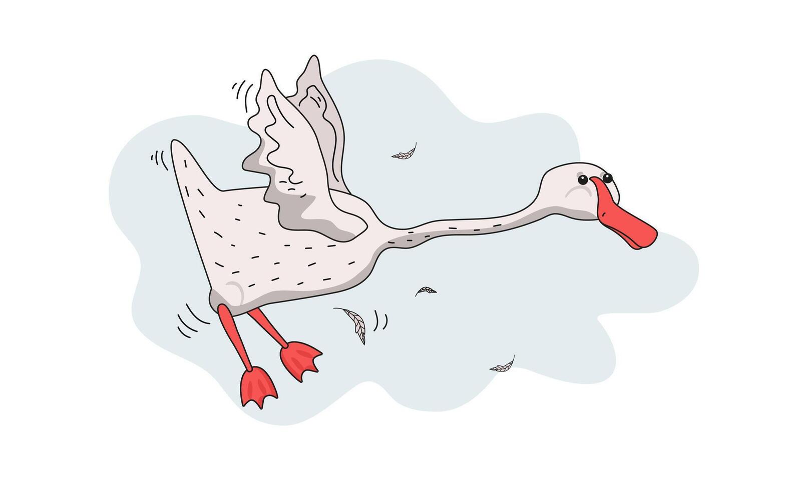 carino bianca oche. divertente Oca volante cartone animato uccello. disegno di un' semplice Oca e piume. vettore piatto illustrazione, isolato sfondo.