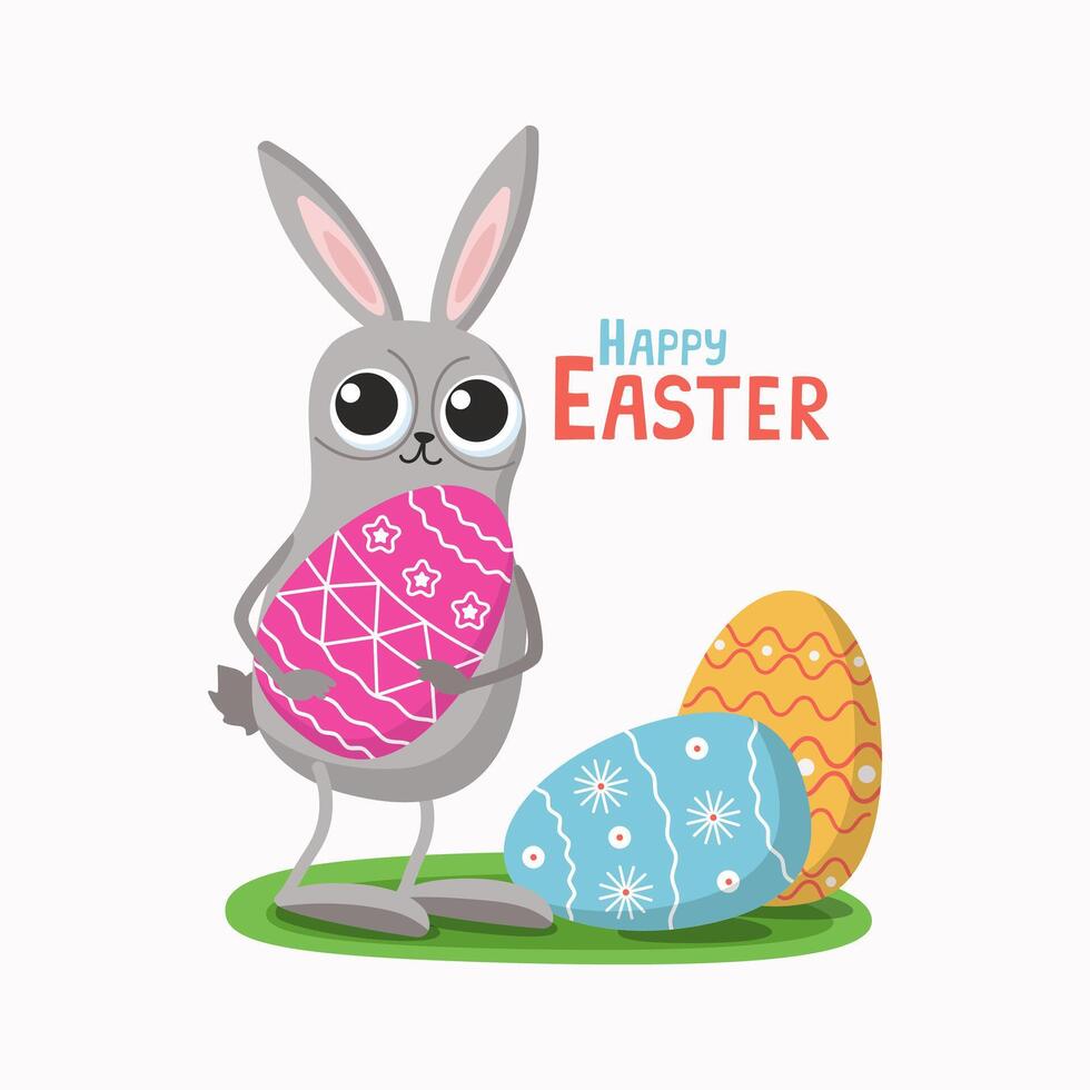 coniglietto con Pasqua uovo. carino lepre, poco coniglio. contento Pasqua iscrizione. colorato uova. cartolina design per Pasqua. vettore illustrazione.