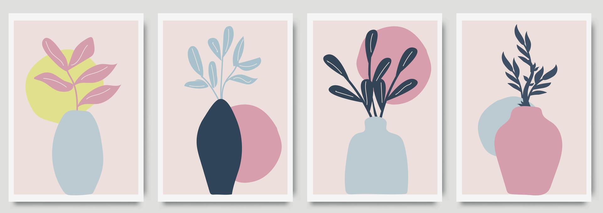 astratto di moda botanico manifesti mano disegnato vettore illustrazione. interno design elementi. pianta, vaso piatto clipart isolato su bianca. scandinavo minimalista stile. moderno Stampa, boho manifesto