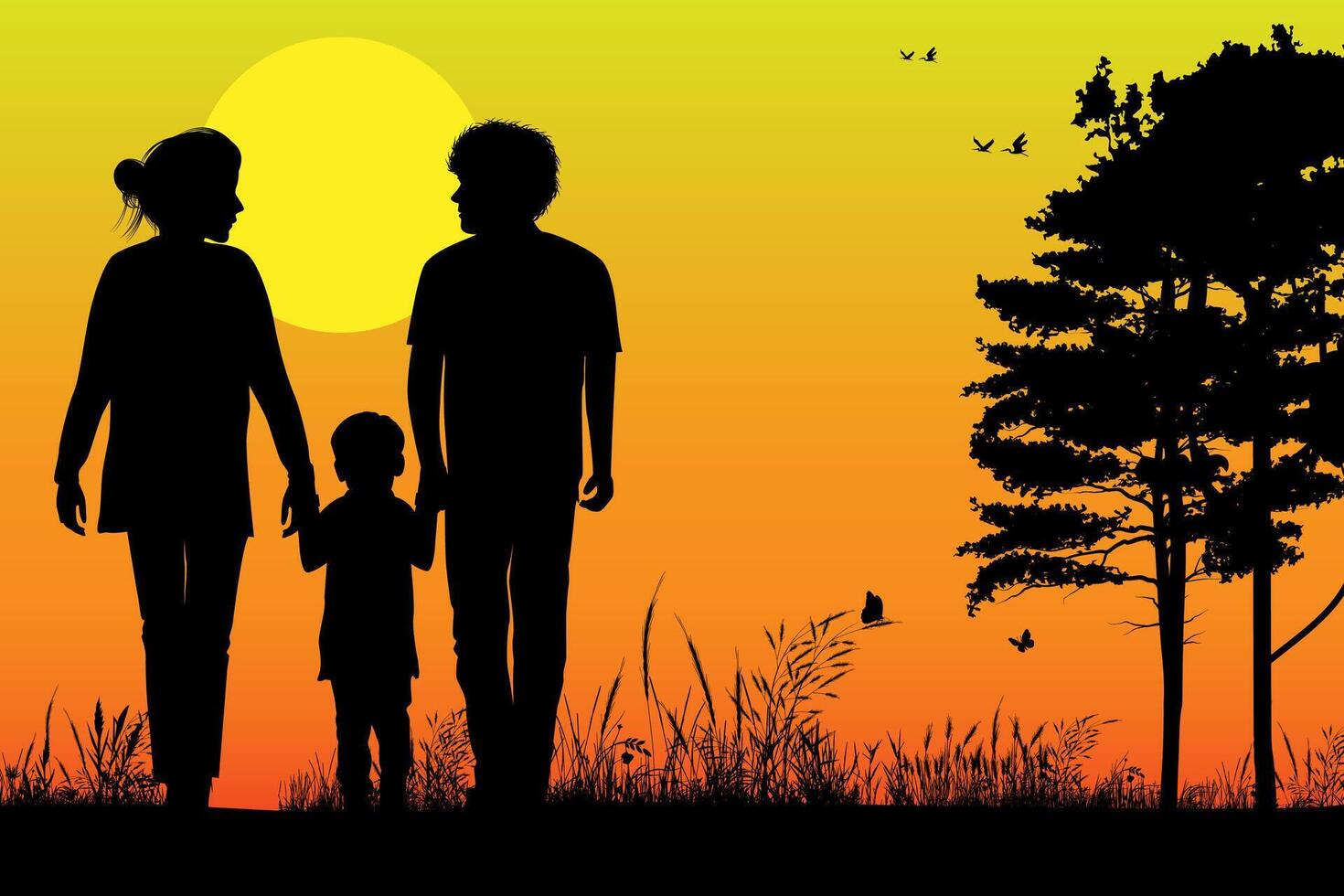 carino famiglia silhouette paesaggio illustrazione vettore