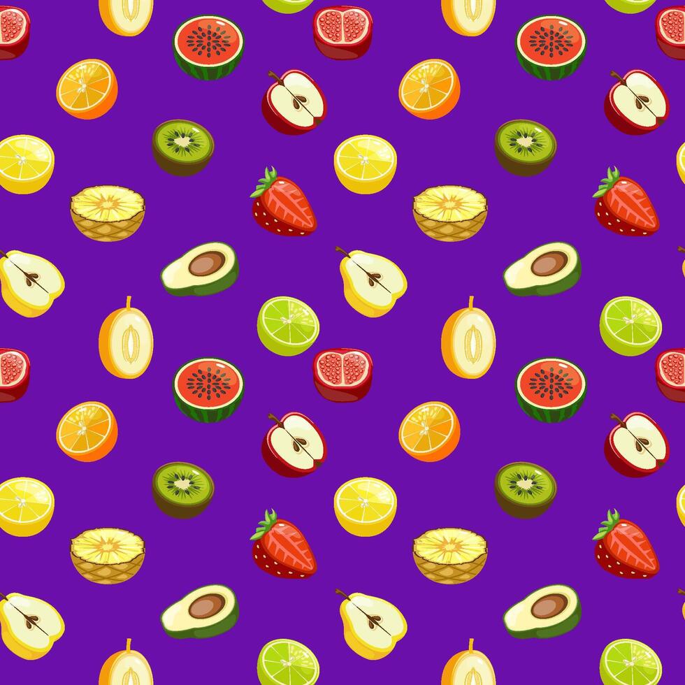 senza soluzione di continuità modello con metà frutta e frutti di bosco su viola vettore sfondo.