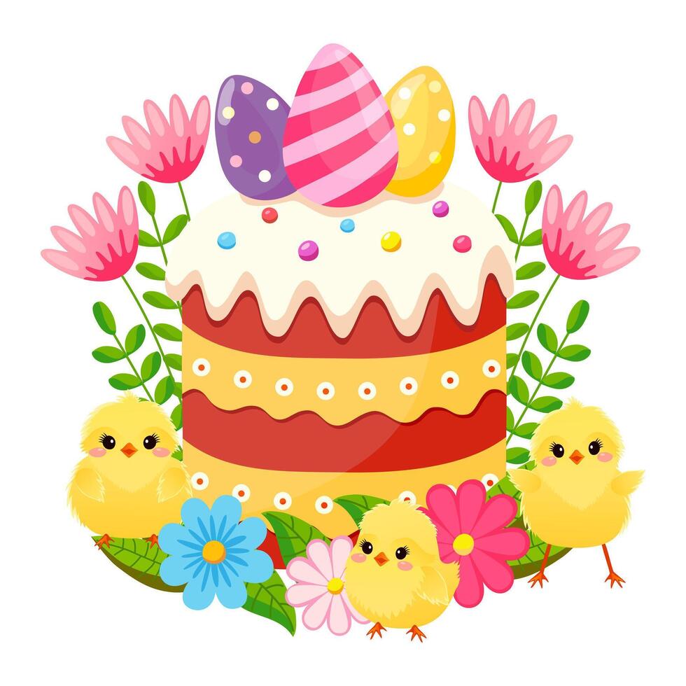 Pasqua torta con uova fiori e polli. tradizionale simboli di contento Pasqua celebrazione. sfondo per manifesto, cartolina, striscione. vettore illustrazione.