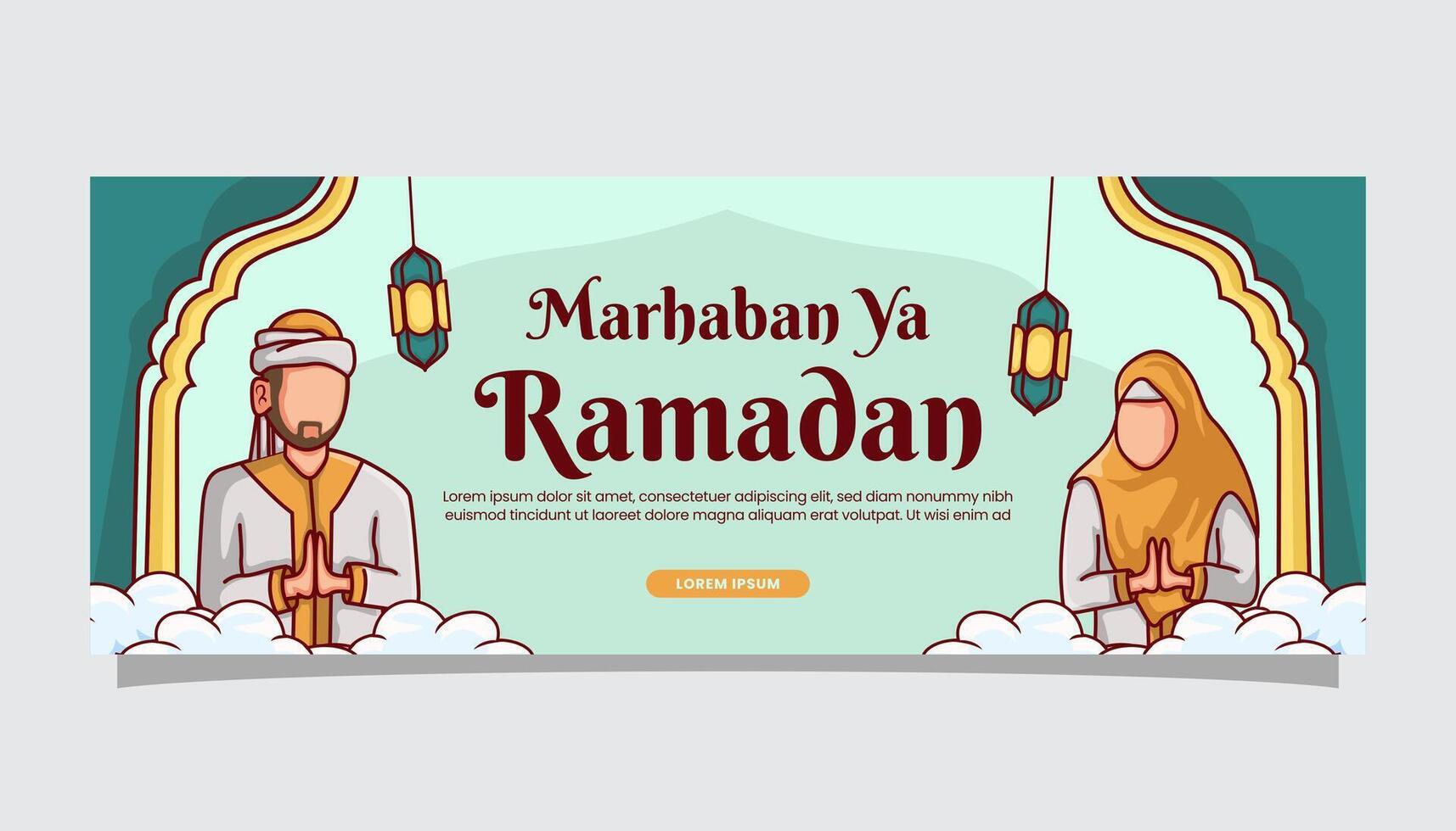 Ramadan kareem islamico illustrazione saluti su bandiera copertina pagina modello con musulmano cartone animato vettore