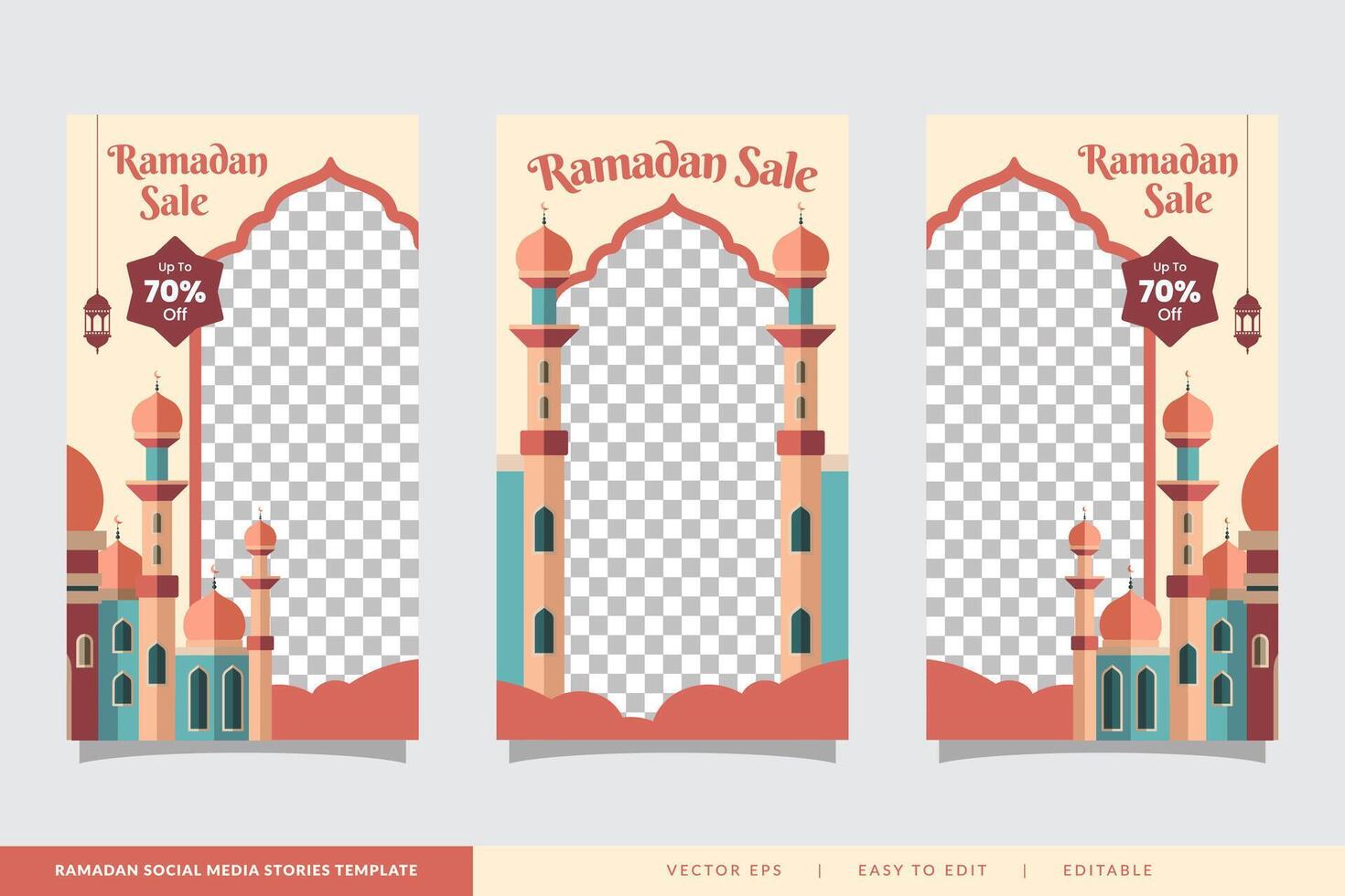 Ramadan vendita sociale media storie bandiera sconto modello design con moschea illustrazione vettore