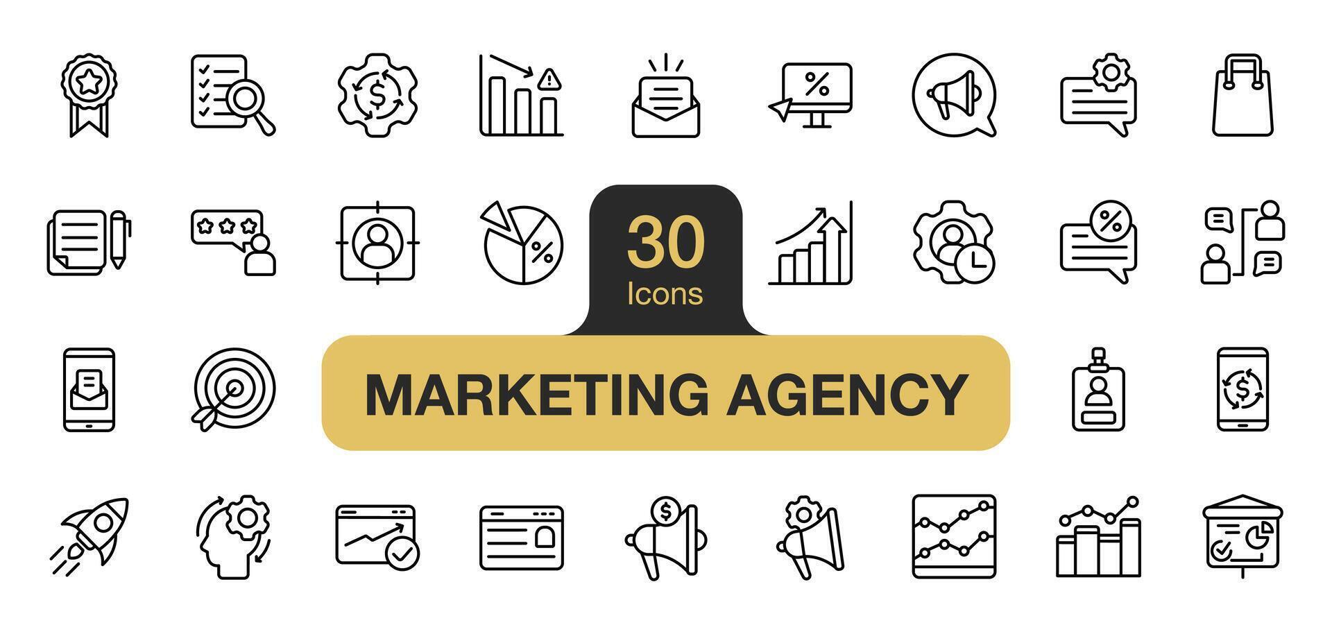 impostato di 30 marketing agenzia icona elemento impostare. include analisi, statistica, marketing, grafico, obbiettivo, Prodotto, e di più. schema icone vettore collezione.