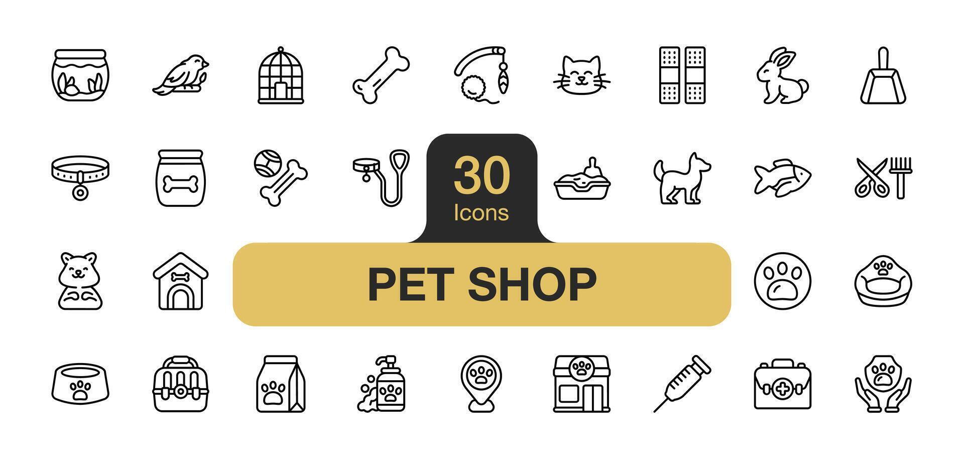 impostato di 30 animale domestico negozio icona elemento imposta. include cane, gatto, cane cibo, animale domestico ciotola, cane giocattoli, gatto giocattoli, collare, guinzaglio, animale domestico letto, e di più. schema icone vettore collezione.