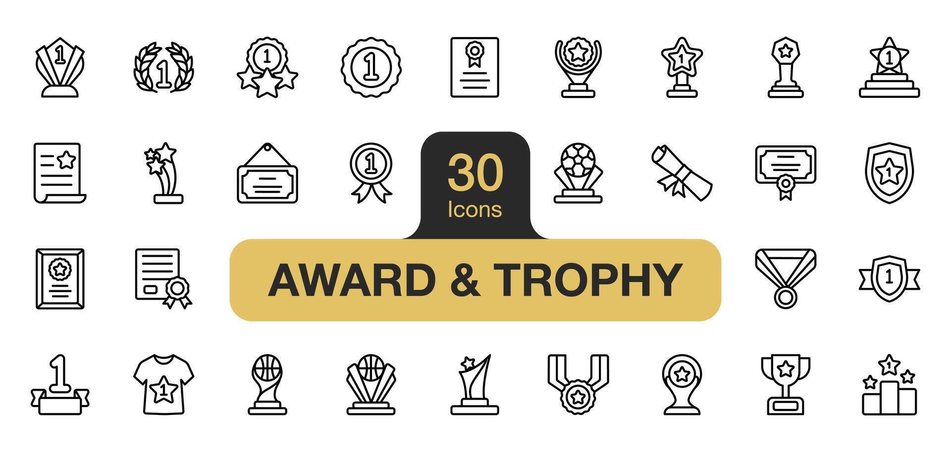 impostato di 30 premio e trofeo icona elemento impostare. include sport, medaglia, vincitore, campione, stella, e di più. schema icone vettore collezione.