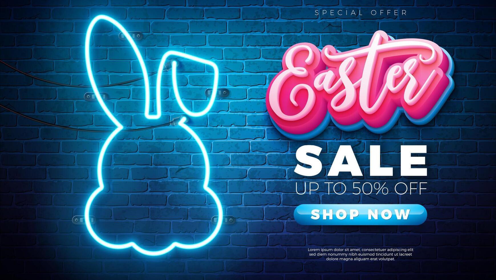 contento Pasqua vendita con coniglio silhouette fatto di raggiante neon leggero su Vintage ▾ mattone parete sfondo. vettore Pasqua giorno promozionale vacanza design per buono, striscione, volantino, voucher; tagliando o manifesto.