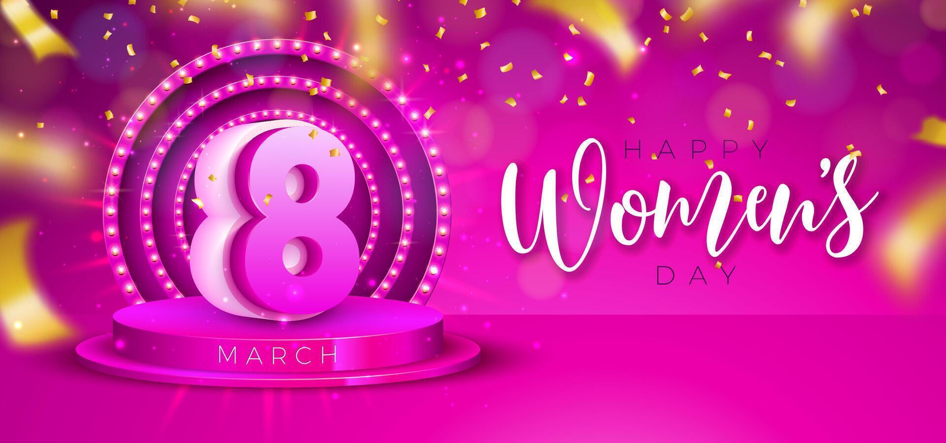 8 marzo contento Da donna giorno illustrazione con podio e leggero bulbi su rosa sfondo internazionale donna giorno vettore design per volantino, saluto carta, ragnatela striscione, vacanza manifesto o festa invito.