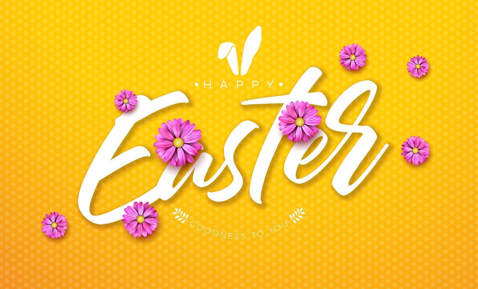 contento Pasqua illustrazione con primavera fiore e coniglio orecchie simbolo su giallo sfondo. vettore Pasqua giorno celebrazione design per volantino, saluto carta, striscione, vacanza manifesto o festa invito.