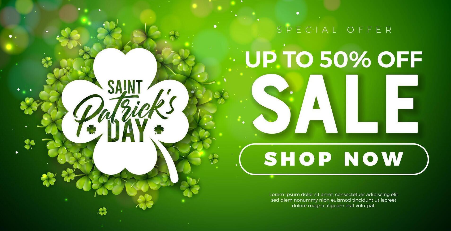 santo Patrick giorno vendita bandiera illustrazione con trifoglio le foglie su brillante verde sfondo. irlandesi tradizionale st. patricks giorno fortunato celebrazione vettore design per buono, voucher; tagliando o promozionale manifesto.