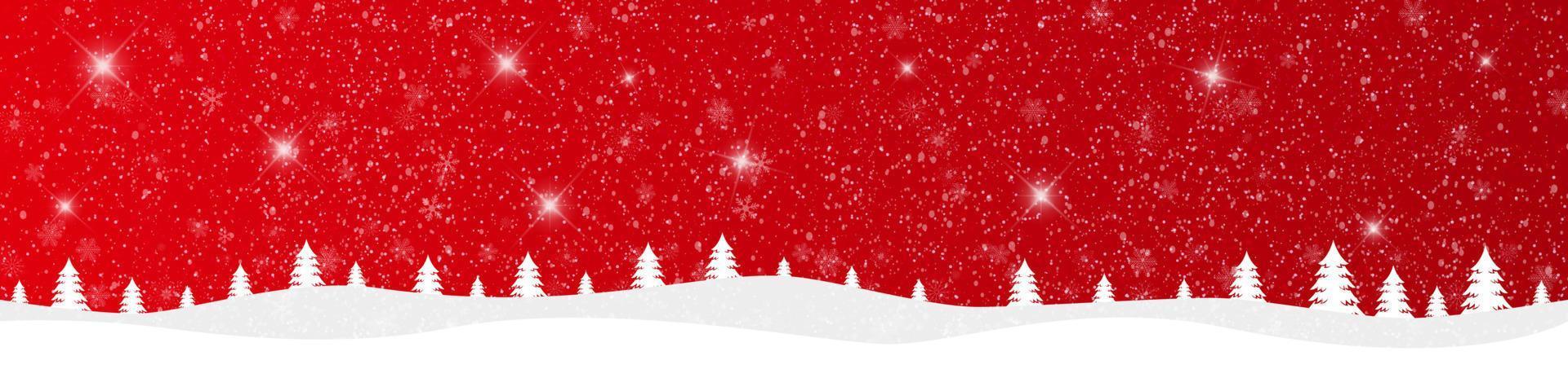 buon natale e felice anno nuovo su sfondo rosso con paesaggio innevato. illustrazione vettoriale. vettore