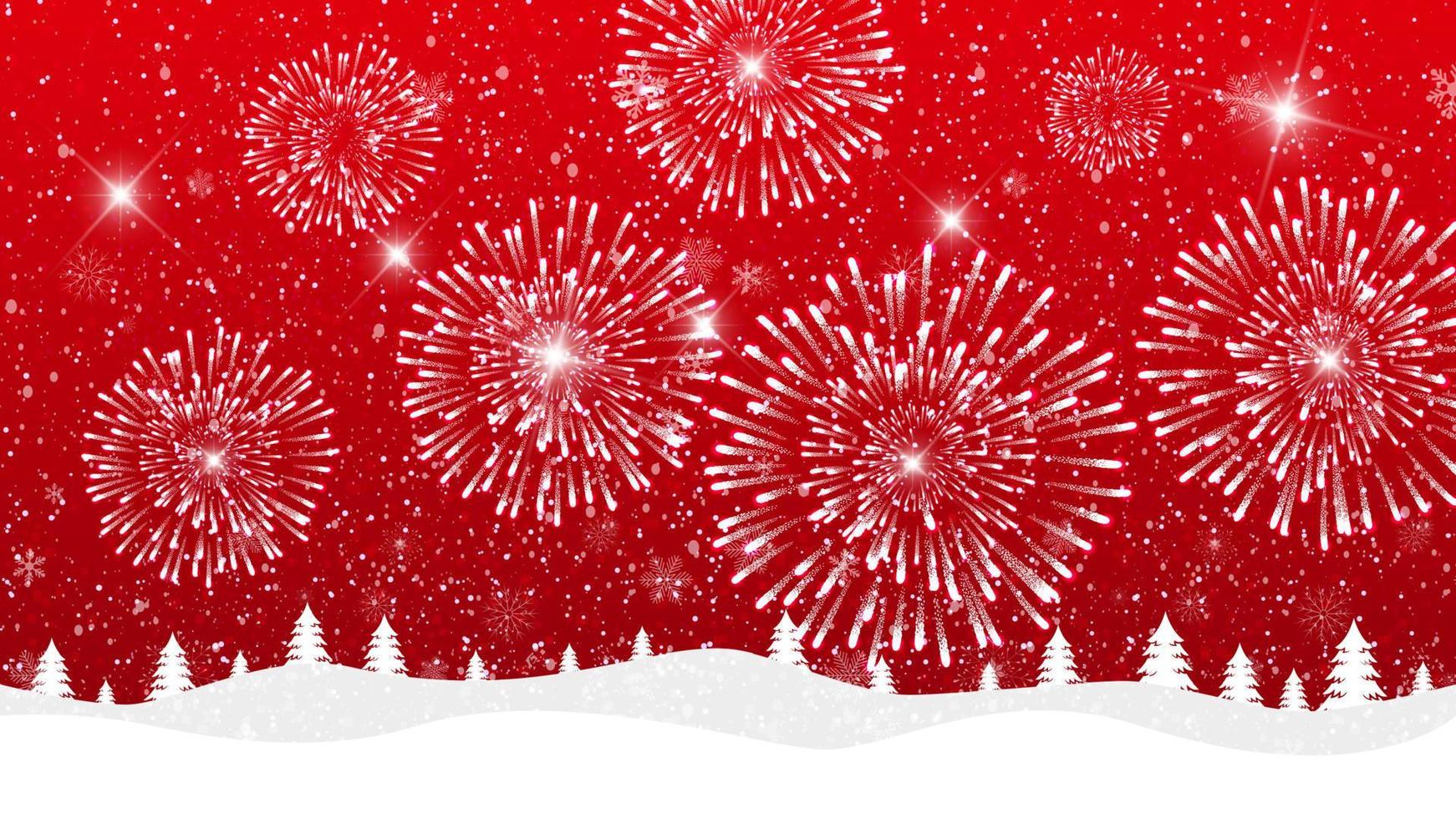 buon natale e felice anno nuovo fuochi d'artificio su uno sfondo innevato vettore