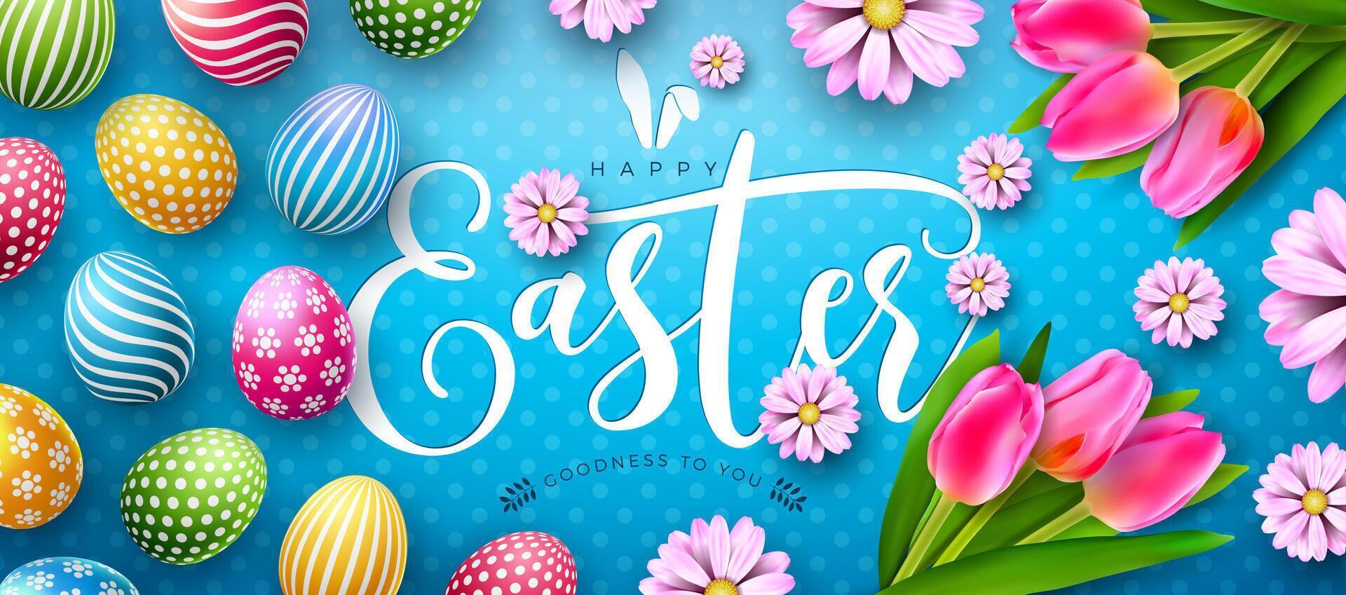 contento Pasqua vacanza design con dipinto uovo e primavera tulipano fiore su natura blu sfondo. internazionale religioso vettore celebrazione illustrazione con tipografia per saluto carta, festa