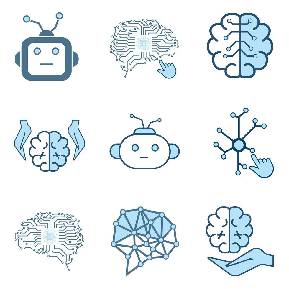 gruppi di 9 artificiale intelligenza icona, simboli collezione, isolato foderato macchina ai icona, impostato di cervello, cibernetico, ai, testa, tecnologia concetti vettore