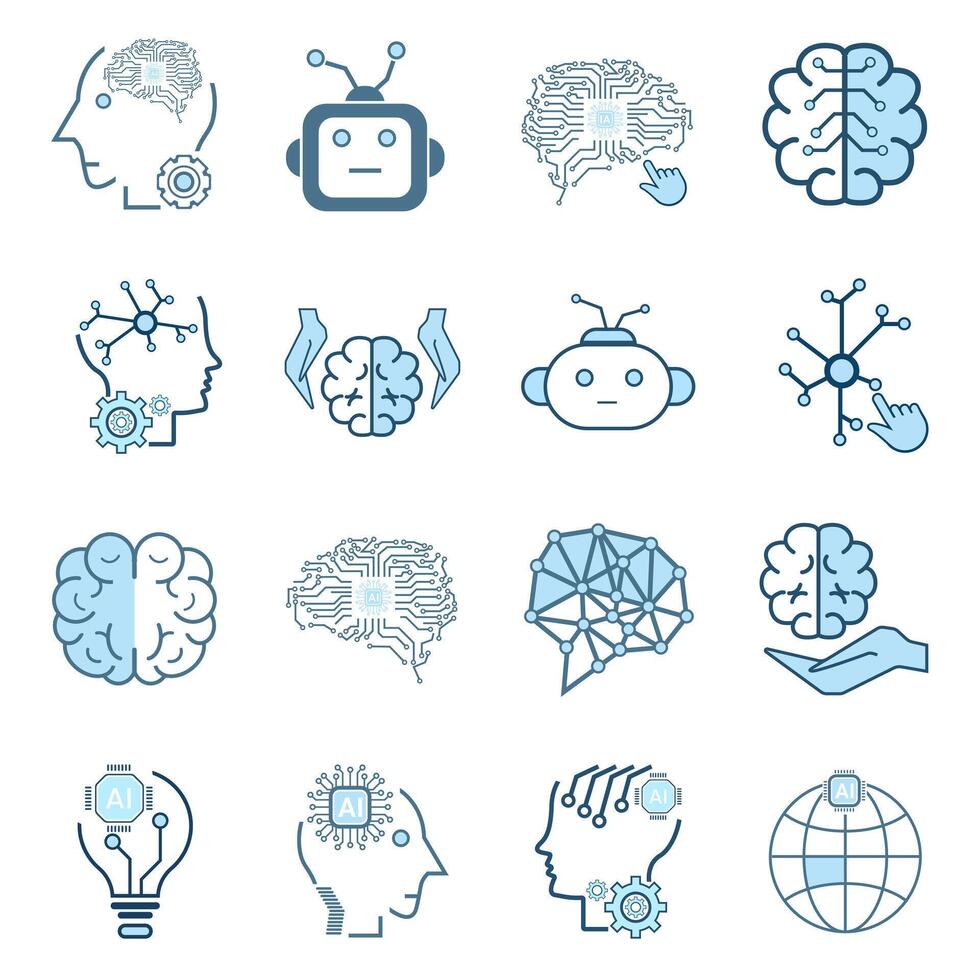 artificiale intelligenza icona, simboli collezione, isolato foderato macchina ai icona, artificiale intelligenza linea icone. impostato di cervello, cibernetico, ai, testa, tecnologia concetti vettore