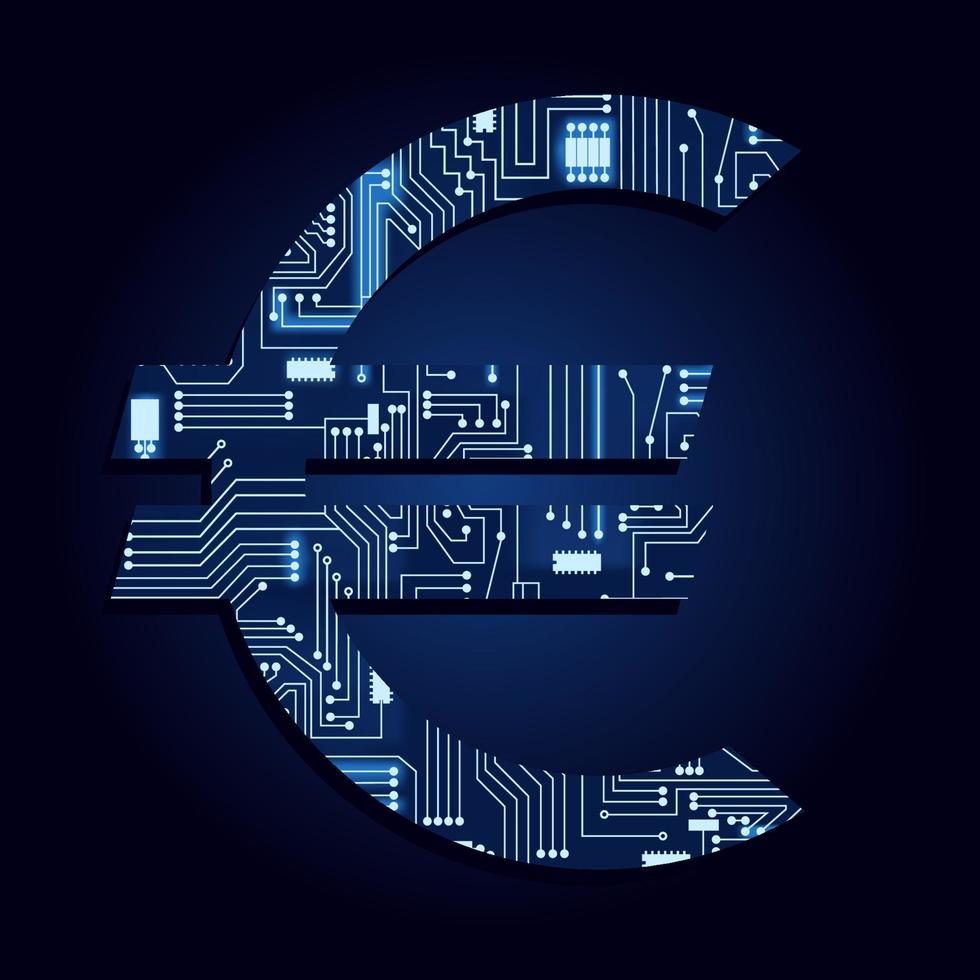 simbolo dell'euro con un circuito elettronico tecnologico. sfondo blu. vettore