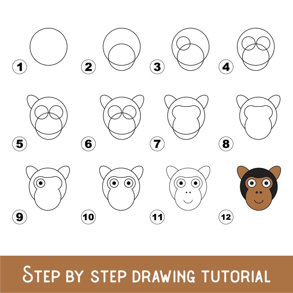 gioco per bambini per sviluppare abilità di disegno con livello di gioco facile per bambini in età prescolare, disegno tutorial educativo per faccia da scimmia vettore