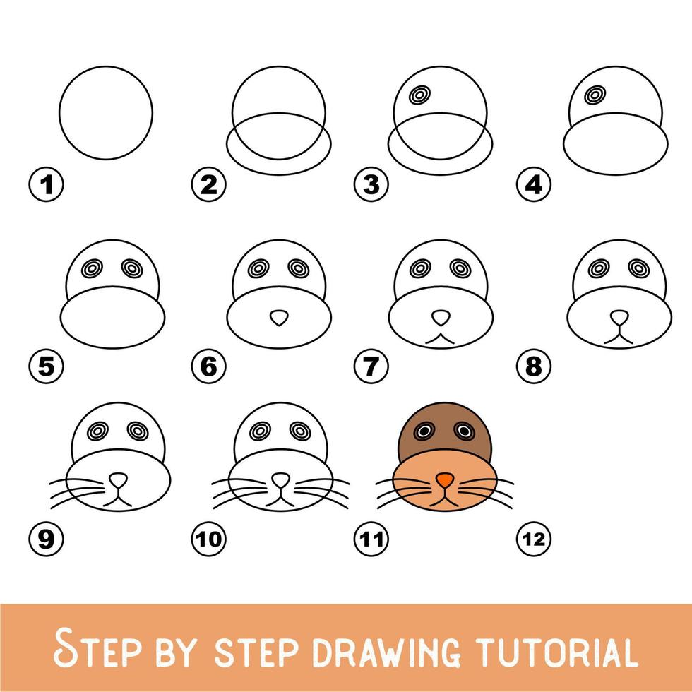 gioco per bambini per sviluppare abilità di disegno con livello di gioco facile per bambini in età prescolare, disegno tutorial educativo per la faccia del leone marino. vettore