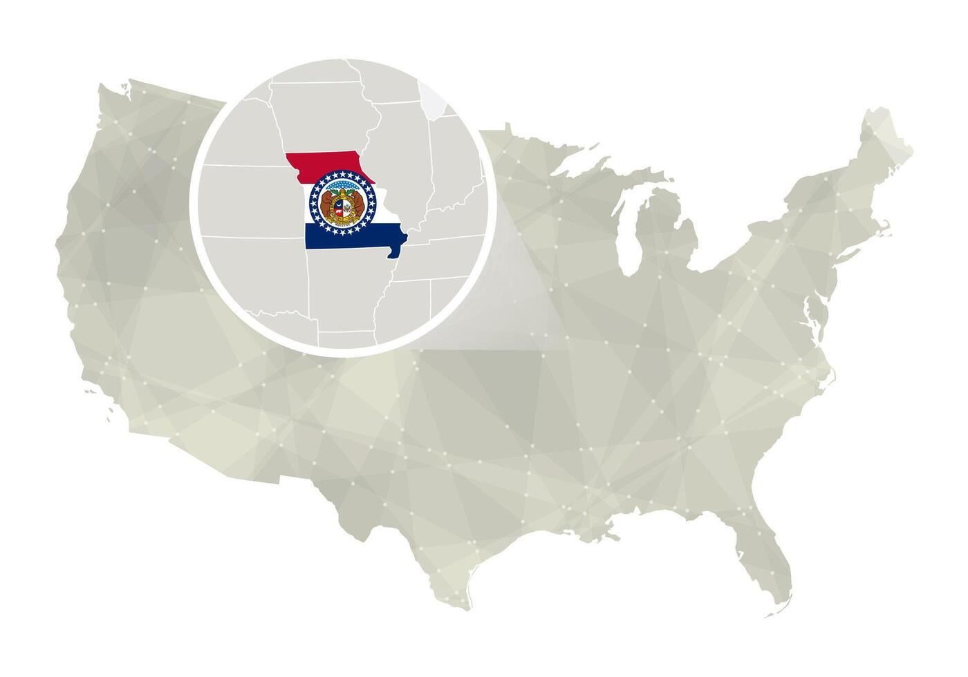 poligonale astratto Stati Uniti d'America carta geografica con ingrandita Missouri stato. vettore