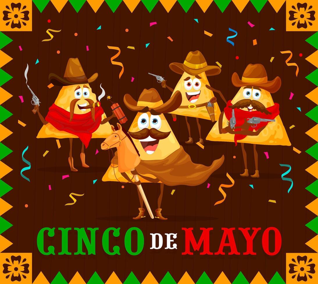 cinco de mayo bandiera con nachos patatine fritte cowboy vettore