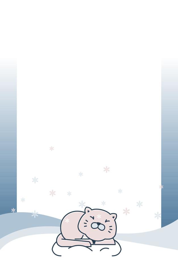 gatto che dorme inverno neve fiocco di neve biglietto di auguri cornice sfondo template vettore
