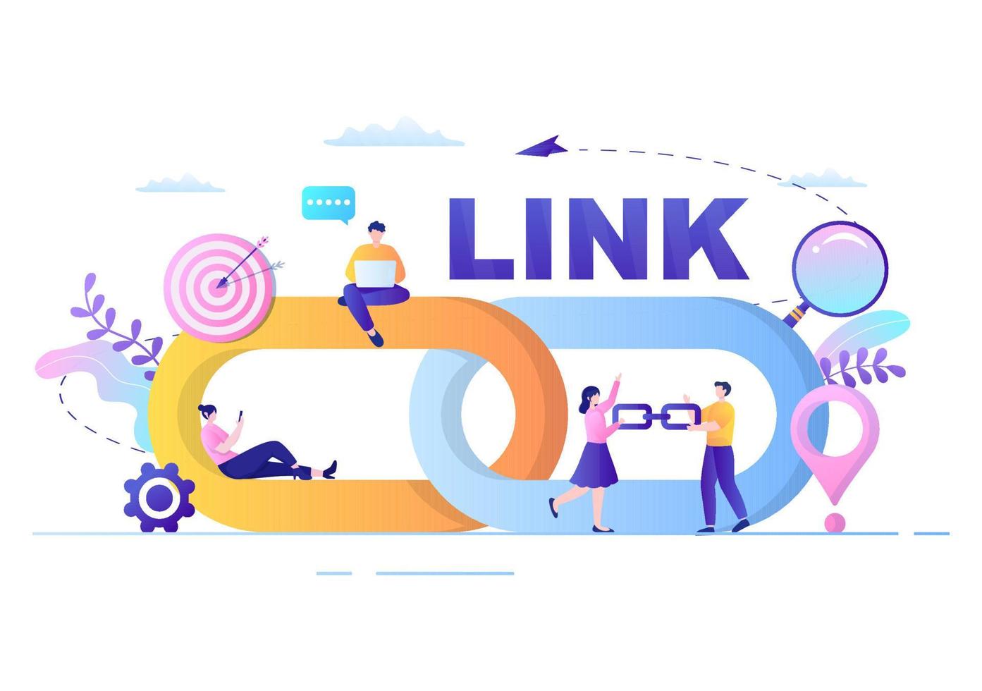 seo link building come ottimizzazione dei motori di ricerca, marketing e digitale per lo sviluppo della home page o illustrazione vettoriale di applicazioni mobili