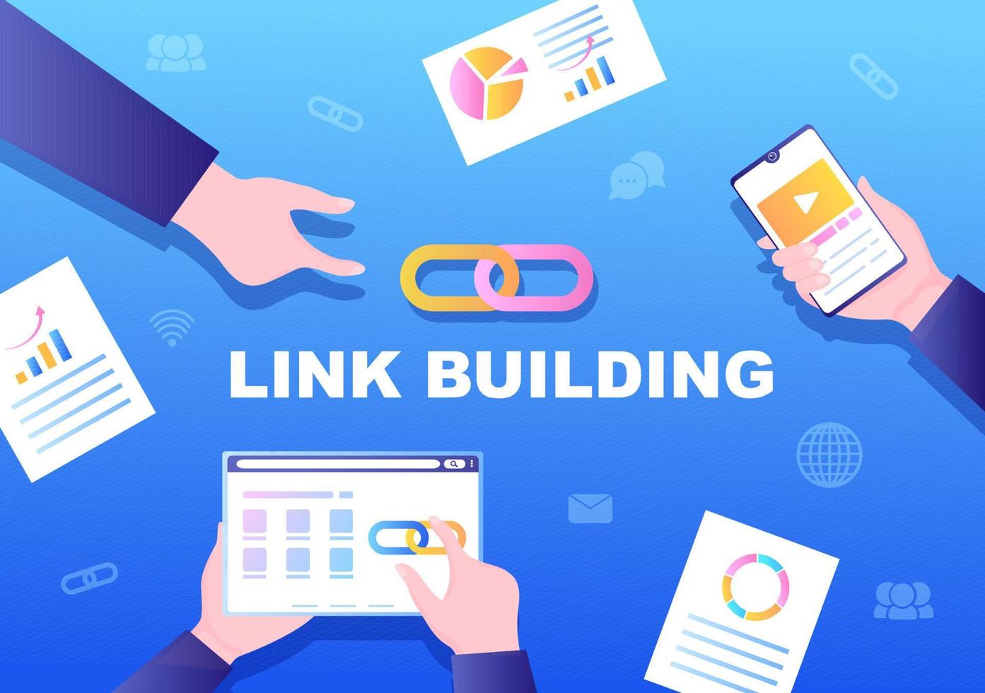 seo link building come ottimizzazione dei motori di ricerca, marketing e digitale per lo sviluppo della home page o illustrazione vettoriale di applicazioni mobili