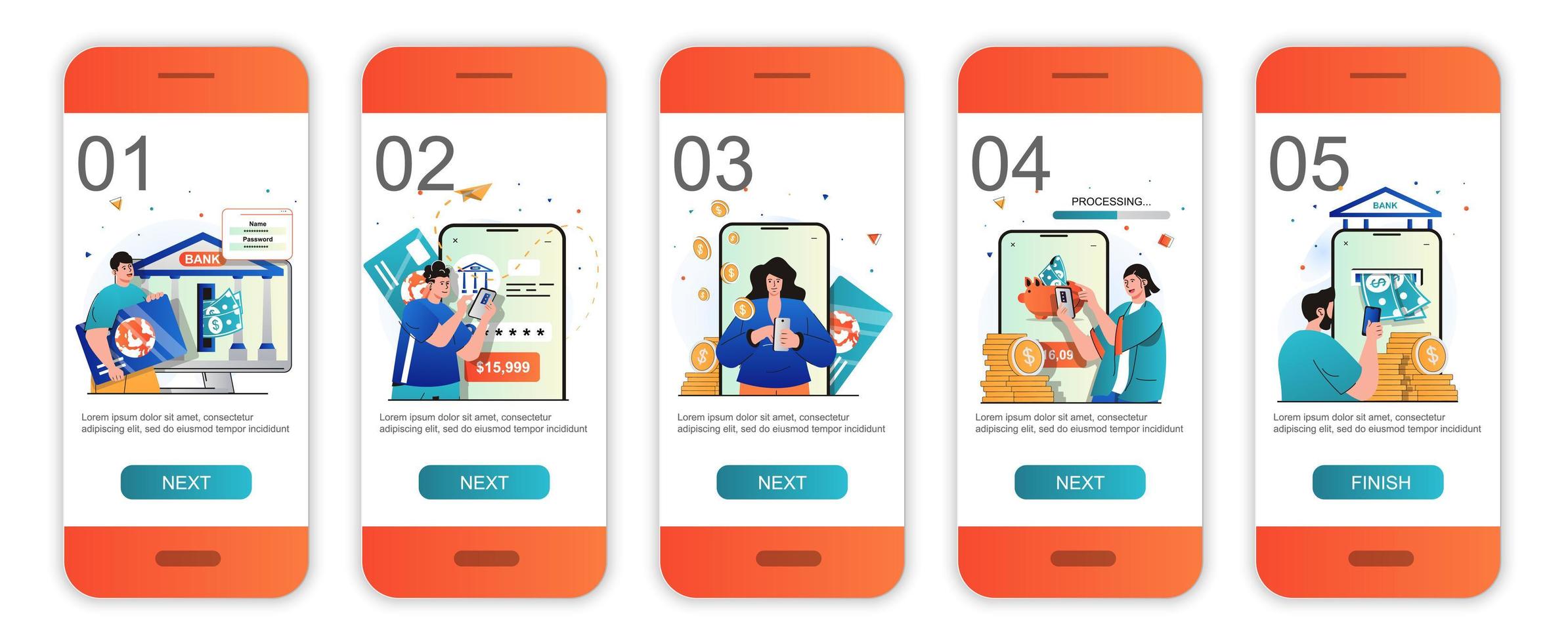 schermate di onboarding del concetto di mobile banking per i modelli di app mobili. pagamento online, contabilità. moderno kit di interfaccia utente per schermi ui, ux, gui con scene di persone per il web design. illustrazione vettoriale