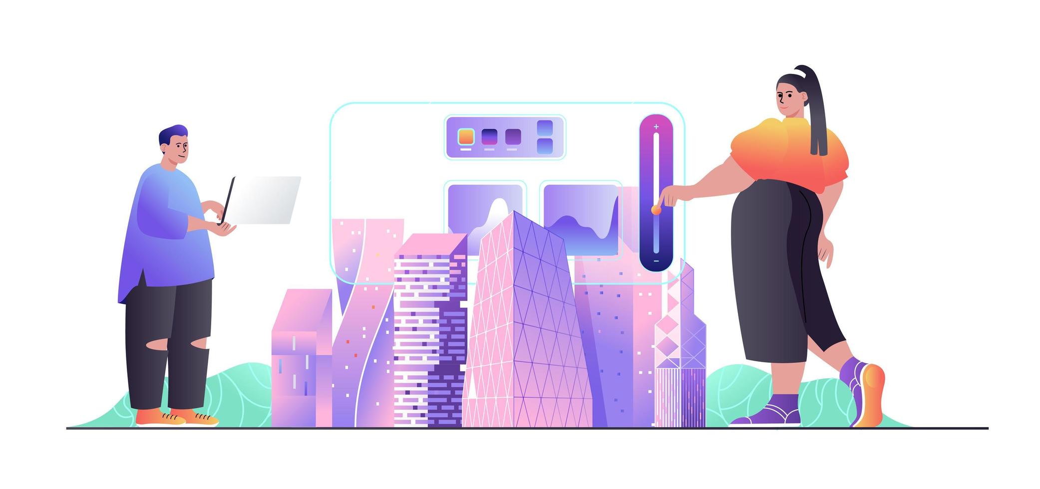 concetto di città intelligente per banner web. l'uomo e la donna utilizzano la tecnologia di gestione wireless, l'infrastruttura urbana moderna, la scena della gente moderna. illustrazione vettoriale in design piatto cartone animato con personaggi di persona