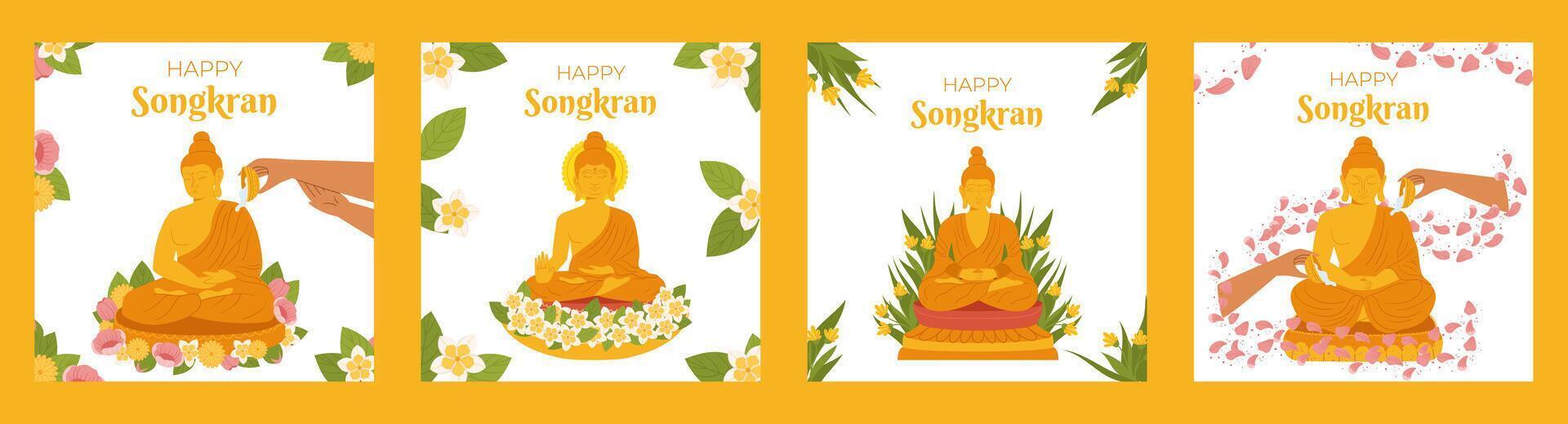 Songkran Festival, tradizionale doccia il monaco scultura, Tailandia nuovo anno. mano scrosciante acqua Budda statua. vettore piazza sociale media inviare modello collezione nel piatto stile per festeggiare.