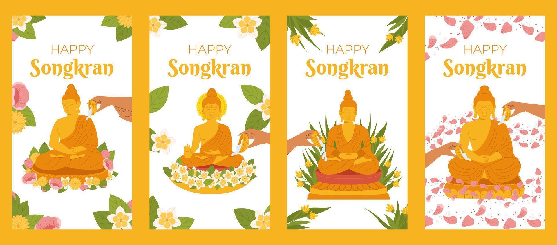 Songkran, Budda acqua cerimonia. mano scrosciante acqua il monaco scultura. Tailandia nuovo anno. vettore verticale sociale media storia storie modello nel piatto stile per festeggiare.