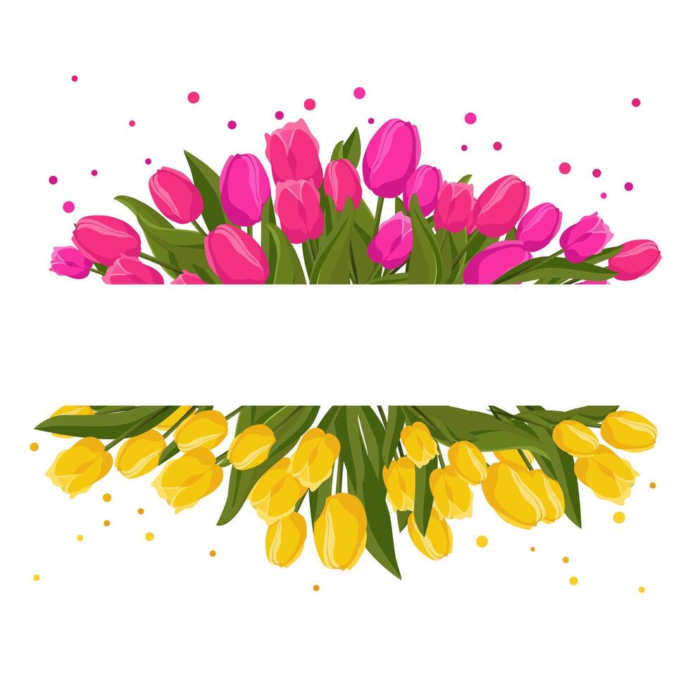 primavera rettangolare telaio con rosa giallo tulipani per parole e testo. vettore sfondo modello con fiori per disegno, saluto carta, striscione, asse, volantino, saldi, manifesto