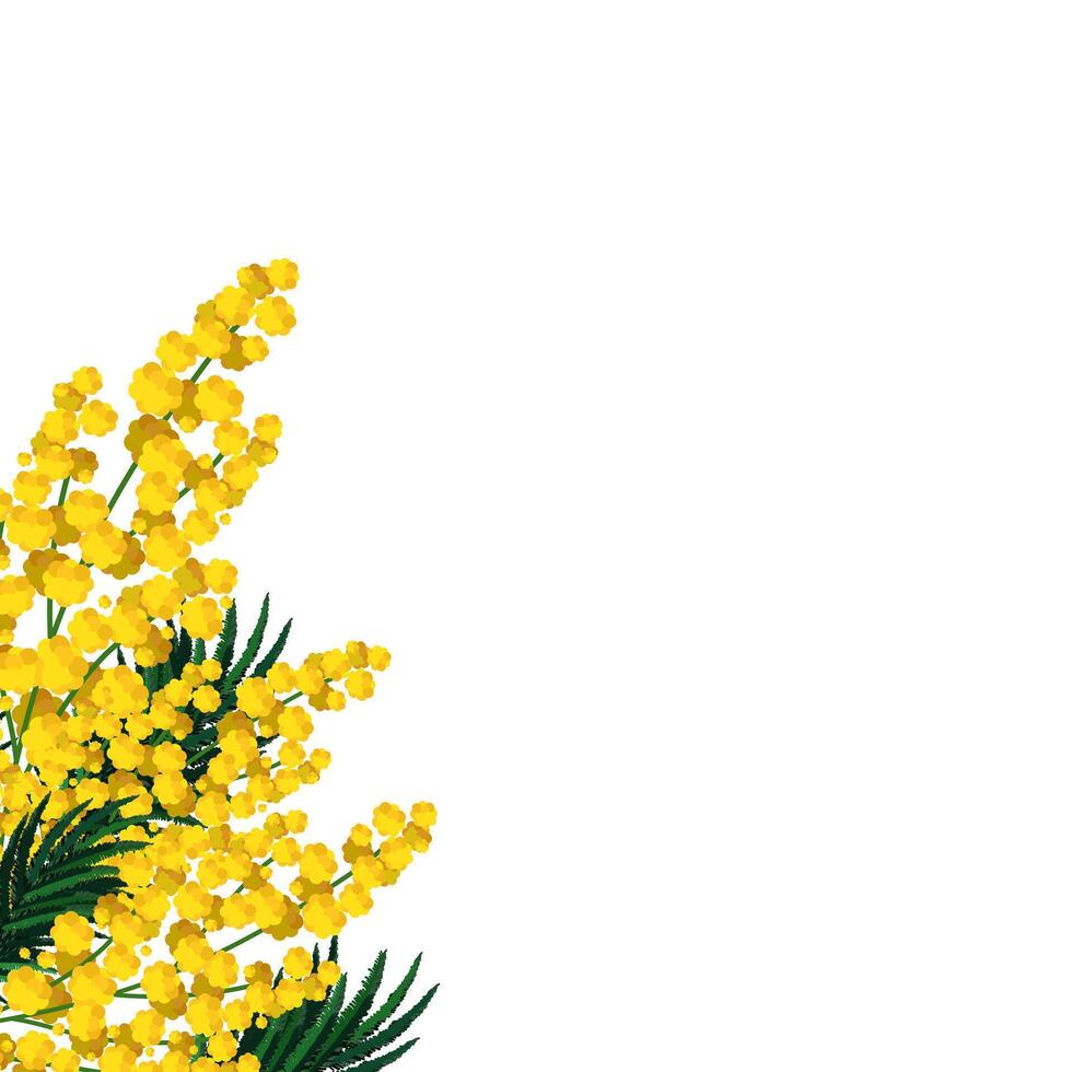 primavera isolato giallo mimosa nel il angolo di il striscione. vettore sfondo con fiore clipart per disegno, saluto carta e striscione, asse, volantino, saldi, manifesto