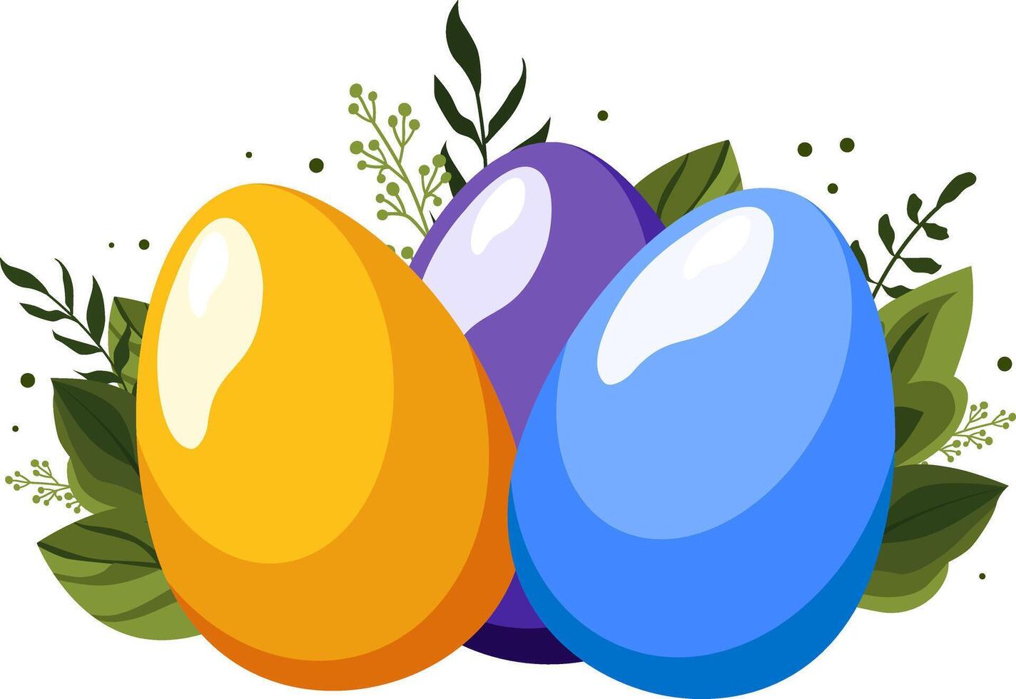 giallo blu Pasqua uova con verde le foglie e rami su sfondo. illustrazione nel piatto stile. vettore clipart per design di saluto carta, vacanza striscione, volantino, saldi, manifesto, icone
