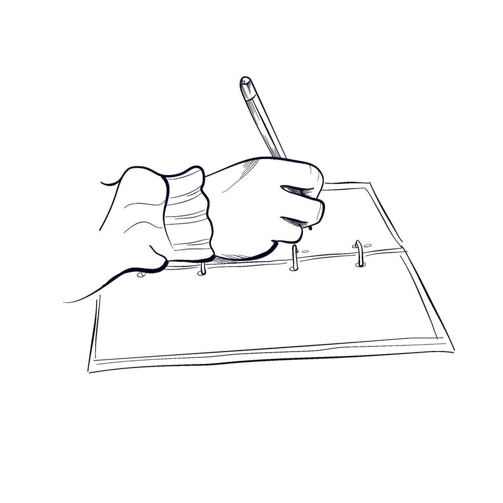 mano disegno di un' dell'uomo mano scrittura nel un' taccuino con un' penna vettore