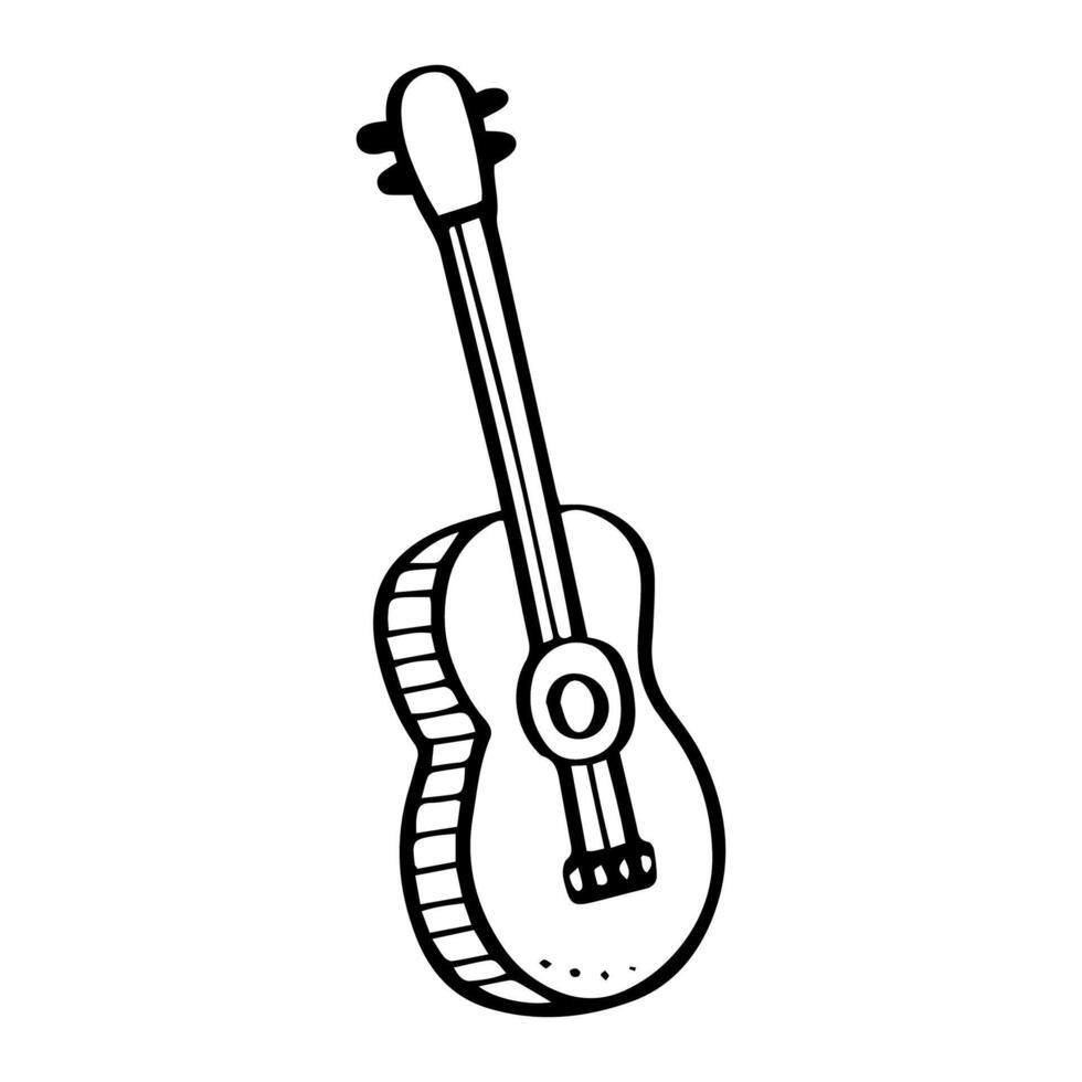 un' cartone animato classico Marrone chitarra con un' semplicistico disegno, in mostra il stringhe, messa a punto pioli. musica, strumento, arte temi concetto schema vettore