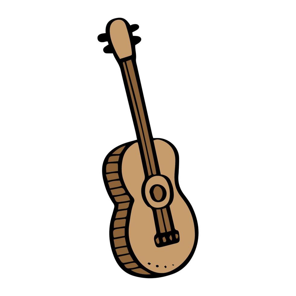 un' cartone animato classico Marrone chitarra con un' semplicistico disegno, in mostra il stringhe, messa a punto pioli. musica, strumento, arte temi concetto vettore