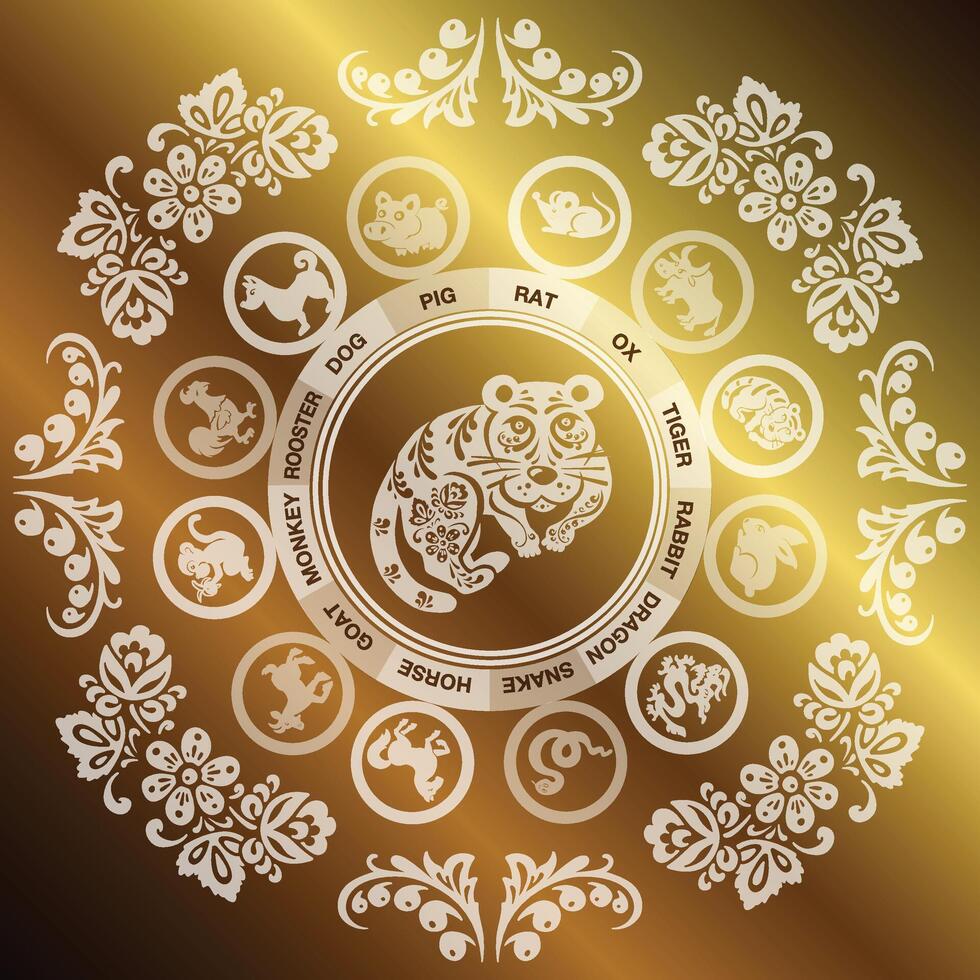 saluto carta tigre con oro nel etnico russo stile, simbolo di il anno, vettore illustrazione