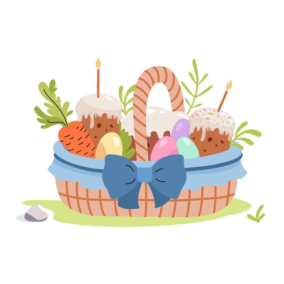 cestino con colorato uova e torta. contento Pasqua vettore illustrazione. primavera umore disegnato elementi. tradizionale religioso dolce pasticcini. festivo illustrazione per invito, cartolina, sociale media.