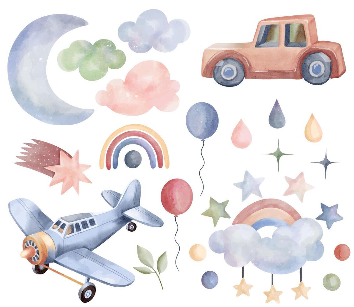 acquerello giocattoli aereo, macchina. impostato di vettore mano disegnato asilo elementi, nuvole, Luna, arcobaleno, stelle
