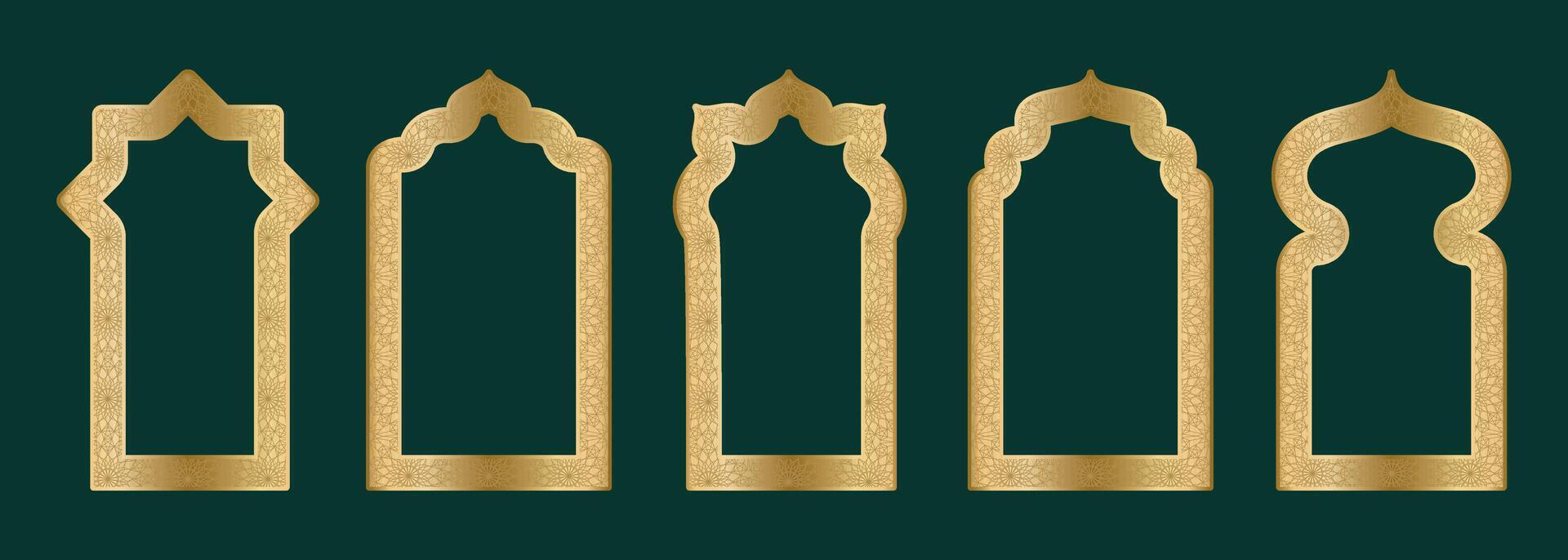 oro ornamentale arco telaio forma islamico porta o finestra con geometrico girikh modello, silhouette Arabo arco. lusso impostato nel orientale stile. montatura nel Arabo musulmano design per Ramadan kareem. vettore