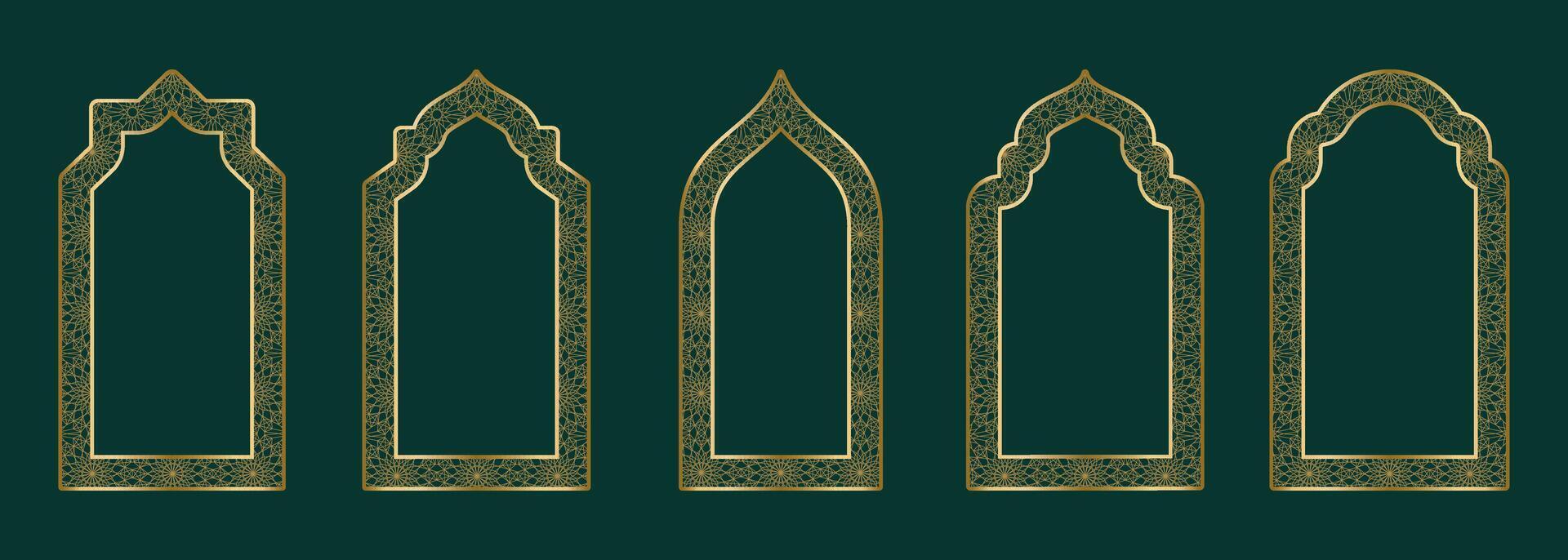 oro ornamentale arco telaio forma islamico porta o finestra con geometrico girikh modello, silhouette Arabo arco. lusso impostato nel orientale stile. montatura nel Arabo musulmano design per Ramadan kareem. vettore