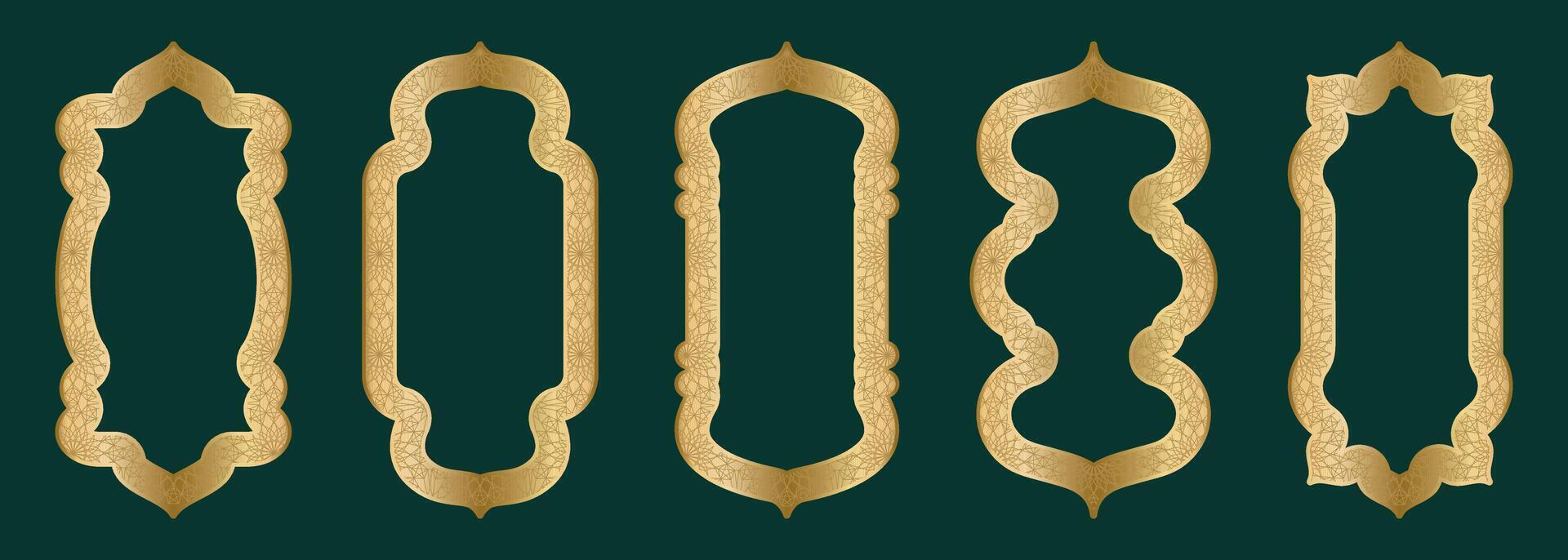 oro ornamentale arco telaio forma islamico porta o finestra con geometrico girikh modello, silhouette Arabo arco. lusso impostato nel orientale stile. montatura nel Arabo musulmano design per Ramadan kareem. vettore