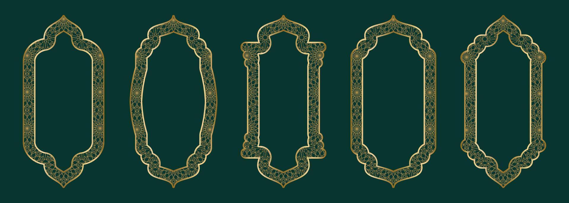 oro ornamentale arco telaio forma islamico porta o finestra con geometrico girikh modello, silhouette Arabo arco. lusso impostato nel orientale stile. montatura nel Arabo musulmano design per Ramadan kareem. vettore