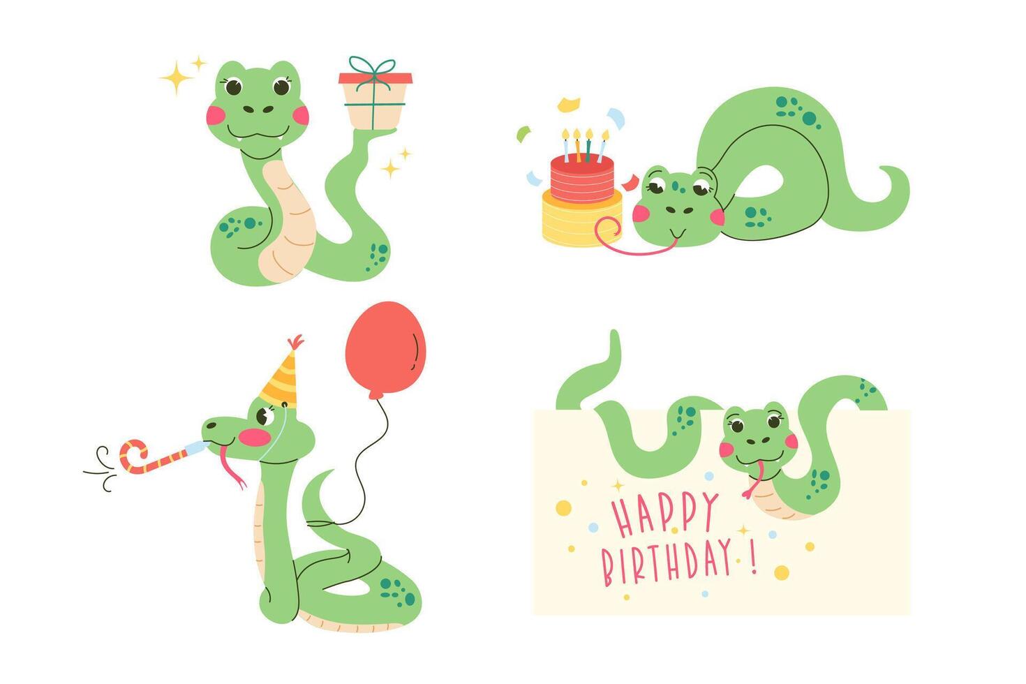 impostato cartone animato personaggio compleanno serpente mano disegnato vettore